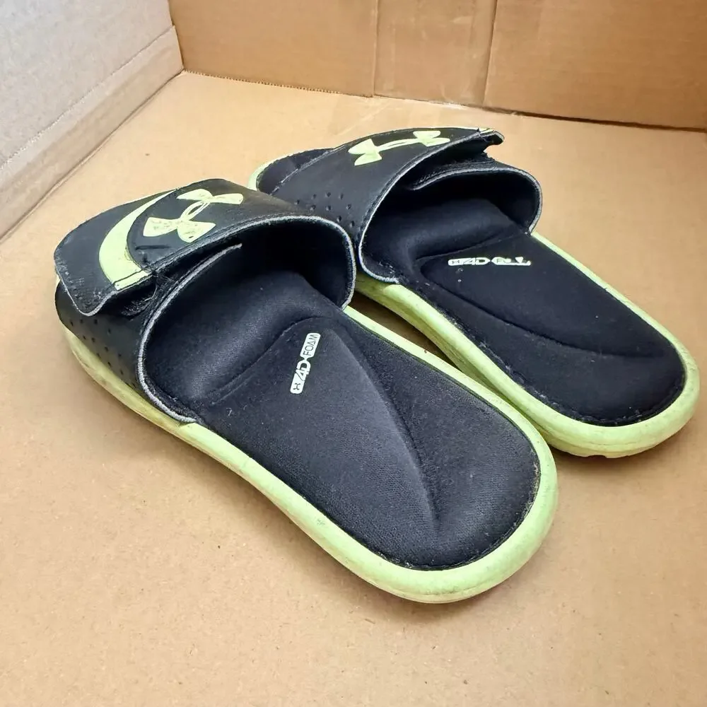 Under Armour Boys Slides Sandals 4D Foam Footbed Neon Green Black Size 1 Youth